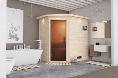 Plug & Play Sauna ist gemütlich in der Ecke eines modern eingerichteten Bades angeschlossen